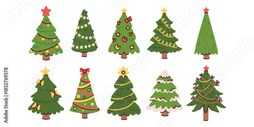Collection of festive fir trees decorated with balls, stars and garlands. Vector set of evergreen spruces for New Year and Xmas holiday design.