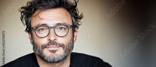 Middle aged man wearing glasses looking thoughtfully forward with textured wall background, representing remote work and independent professionals.