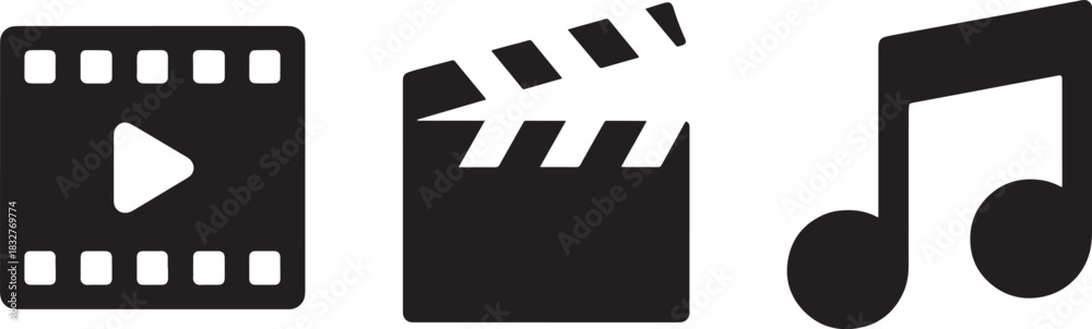 Obraz premium Video film strip play button clapperboard musical note icons set for digital entertainment media
