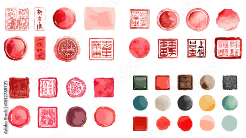 A textured collection of red seal stamps, ink marks, and circular impressions in varied shapes, offering artistic elements for creative design, calligraphy, and decorative themes.