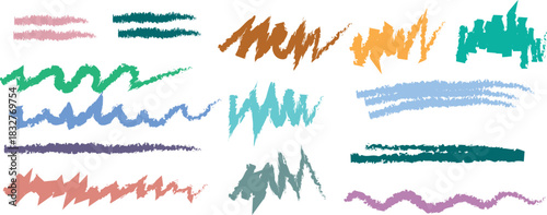 Crayon Line Stroke Vector Set. Chalk Scribble Underline Shapes Collection. Blackboard Hand Drawn Brush Texture Highlight Squiggle. Pencil Emphasis Elements Charcoal Doodle Dividers Bundle
