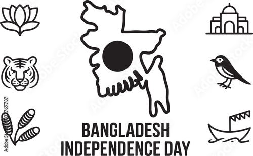 Bangladesh independence day greeting card design with national symbols map and outline style illustrations.