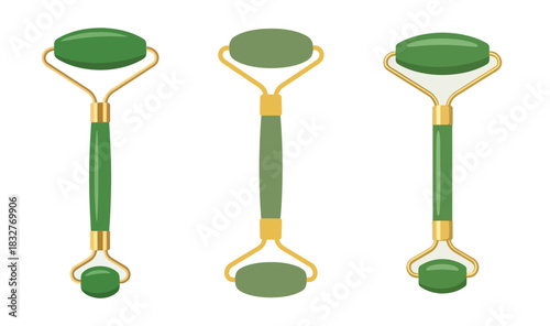 Three jade rollers with green stones and gold frames for facial massage and skincare.