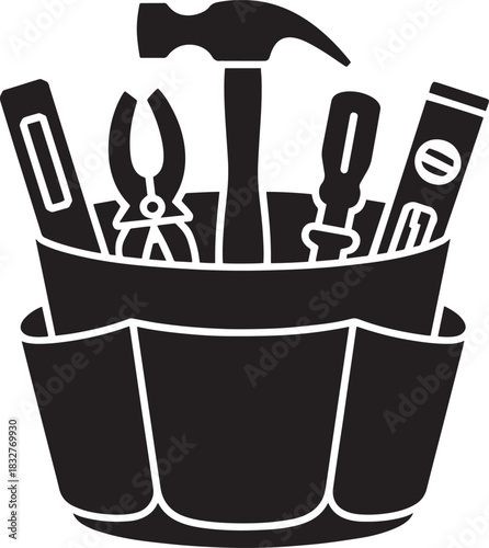 Construction tools in a tool bag vector illustration black silhouette isolated equipment