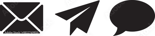 Email envelope paper airplane and speech bubble communication symbols icons set black color