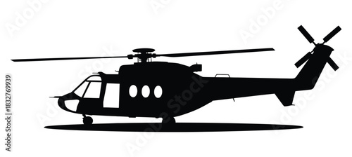 A black silhouette of a helicopter is shown against a white background.