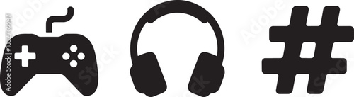 Gaming controller headphone and hashtag sign set flat icon symbol illustration vector