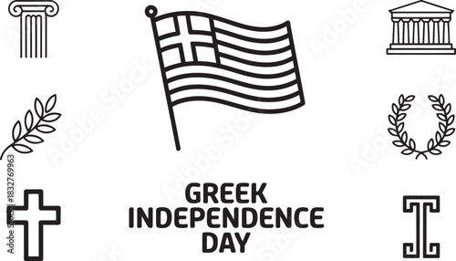 Greek independence day banner celebration line style illustration featuring national symbols
