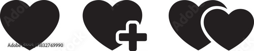 Heart icons set plain heart plus sign overlay medical symbol and overlapping couple hearts vector