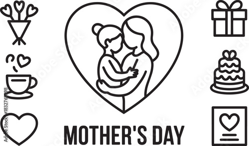 Mother's day outline icons set showing mom and child embracing inside heart shape