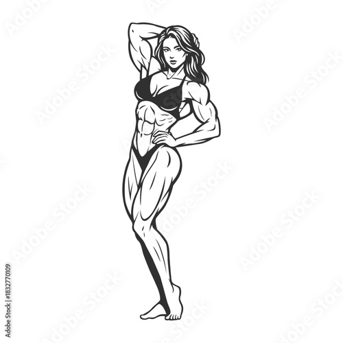 Muscular Female Bodybuilder Posing in Line Art Style