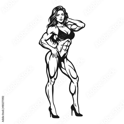 Muscular Female Bodybuilder Posing in Line Art Style
