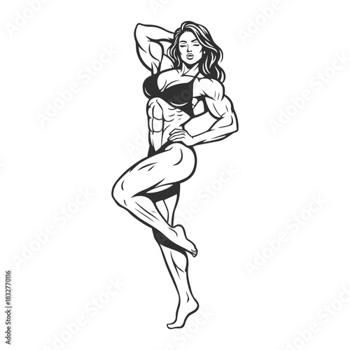 Muscular Female Bodybuilder Posing in Line Art Style