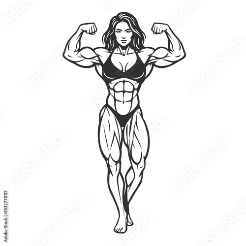 Muscular Female Bodybuilder Posing in Line Art Style