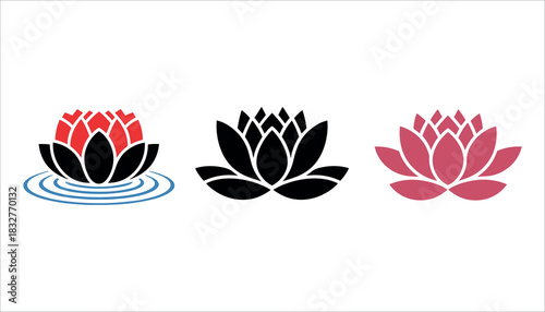 Three stylized lotus flowers in red black and pink on white background with water ripples water lily