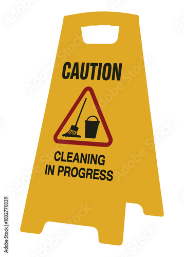 A yellow caution sign reads 'Cleaning In Progress' with a mop and bucket symbol.