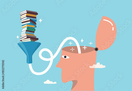Read book fast to learning new lesson, education or studying, inspiration or easy learning, literature or intelligence information, schooling concept, book stack in funnel easy to flow in human head.