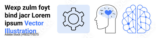 Gear for technology, head with heart for emotional intelligence, neural network for AI concepts. Ideal for innovation, AI, emotions, mental health, technology, education digital apps simple landing
