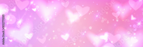 Pink bokeh heart background with glitter and sparkle effects. Love themed soft gradient pattern with light elements, cute pastel colors and romantic dreamy atmosphere for Valentine Day design.