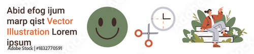 Branding, time management, creativity, positivity, relaxation, vector art. Green happy face, scissors with clock person sitting on a bench surrounded by plants. Positivity and time management