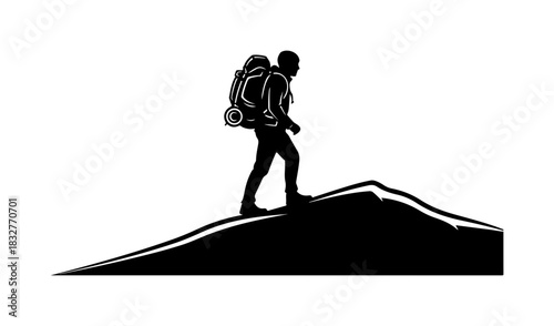 Hiker on Mountain Peak Silhouette