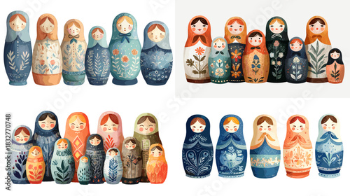 A charming collection of Russian nesting dolls with decorative patterns and warm colors, showing traditional matryoshka figures ideal for cultural, craft, and folk themes.