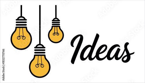 Three yellow light bulbs hanging with the word Ideas in black script inspiration concept