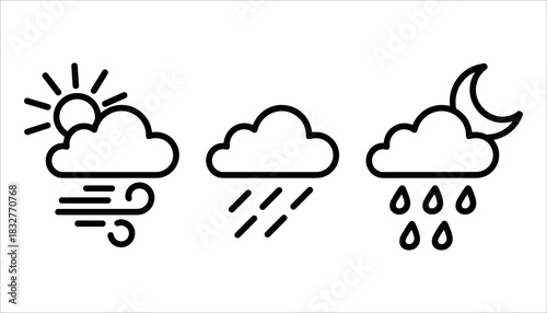 Three weather icons sun with wind rain and moon with rain cloud