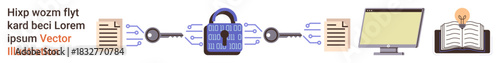 Data protection, encryption, file sharing, cybersecurity, knowledge transfer, digital security. Lock symbol with files, computer and book. Data protection and encryption concepts
