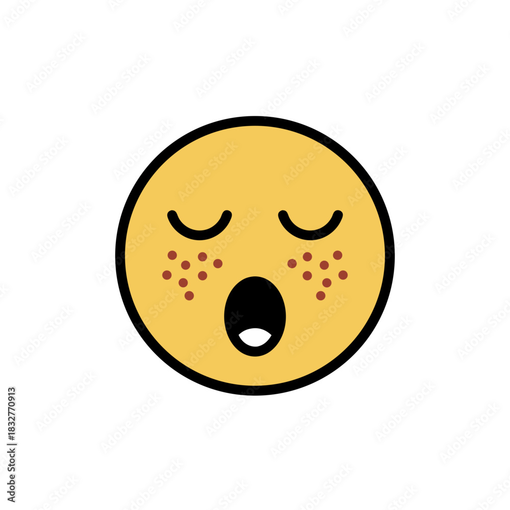 Fototapeta premium Sad Yellow Emoji Face With Closed Eyes And Downturned Mouth Flat Vector Art Minimalist Clean Sticker On Black Background