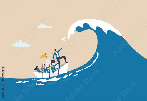 Courage and leadership to win business success, teamwork to help survive crisis, challenge or risk taker concept, businessman captain point finger to lead team sailing boat to survive big wave storm