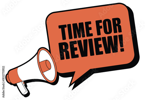 A megaphone broadcasts the message 'TIME FOR REVIEW!'