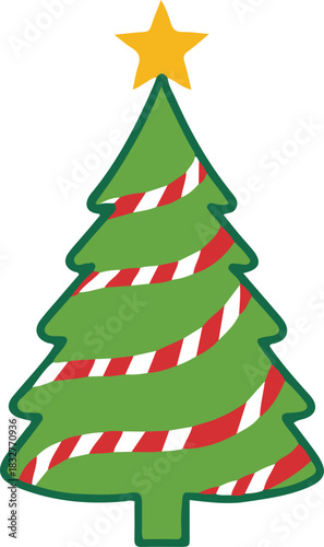  A charming cartoon Christmas tree decorated with a yellow star on top and festive red and white candy cane striped ribbons spiraling down.