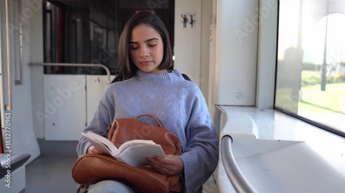 Young commuter woman sitting by the window reading a book on public transportation