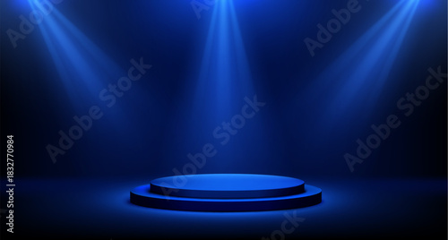 Blue podium stage with spotlight rays and dramatic lighting on dark background. 3D studio platform for award presentation or product display. Circular glowing scene with atmospheric light beams.
