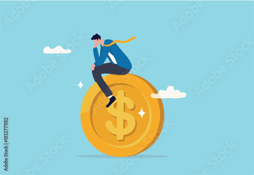 Thinking about money decision, financial planning or investment strategy, profit and loss, expense or tax concept, thoughtful businessman investor thinking about where to invest on dollar coin money.