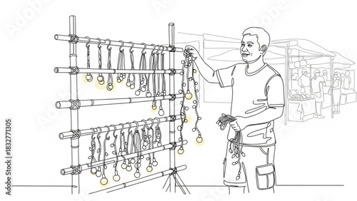 A smiling vendor at an outdoor market displays strings of decorative lights hanging from a bamboo rack ready for sale to shoppers
