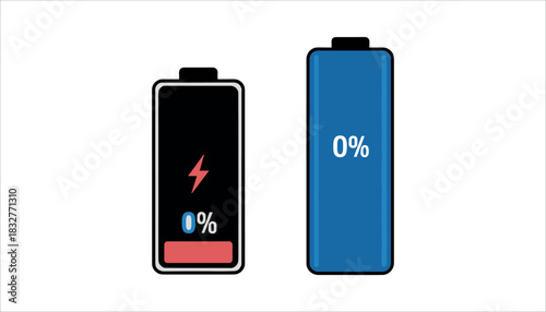 Two battery icons one black with red and blue 0 percent and lightning bolt the other blue with white 0 percent