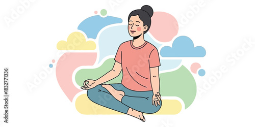 Serene woman meditating peacefully in a lotus position, embracing mindfulness and tranquility amidst soft, abstract shapes