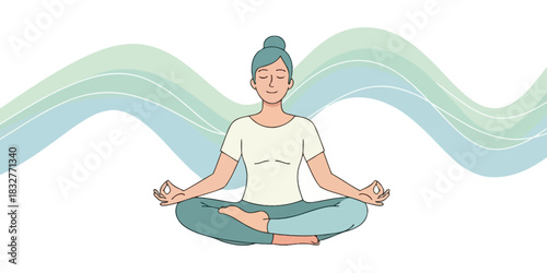 Serene Yoga Woman Meditating in Lotus Pose with Flowing Lines
