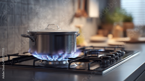 A pot of boiling water on a gas stove burner with flames flickering beneath a pot at the kitchen