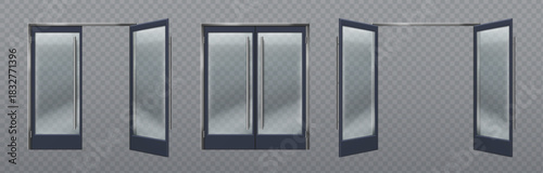 Glass door entrance set with dark frames and chrome handles. 3d transparent store or office windows in closed and open positions. Realistic shop entry elements for architectural visualization