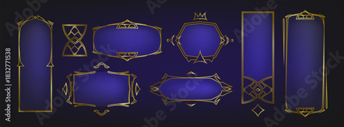 Medieval game frame with fantasy border and golden metal ornament design. Elegant UI banner for RPG interface with gothic deco elements, luxury title button and decorative vintage art for epic gaming