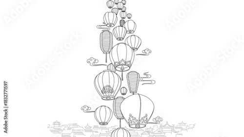 A cascade of traditional chinese lanterns floats above a stylized ancient city skyline under a clear white sky