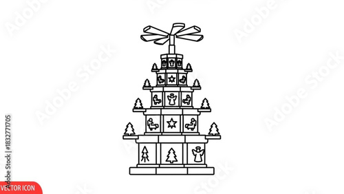 A detailed line art vector icon of a traditional german christmas pyramid featuring tiered levels adorned with festive figures and decorative elements