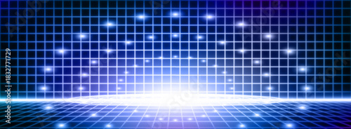 Blue tech grid background with light beam spots. Vector realistic illustration of abstract wireframe space, neon concentric circles, bright energy spark, futuristic digital technology banner template