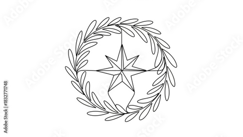 A minimalist single line drawing of a star enclosed within a circular laurel wreath symbolizing victory and achievement