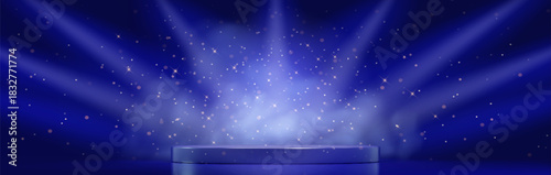 Blue award podium stage background with light sparkle and 3d smoke effects. Spotlight rays, glowing stars and shimmering particles in presentation scene for winner showcase or product display.