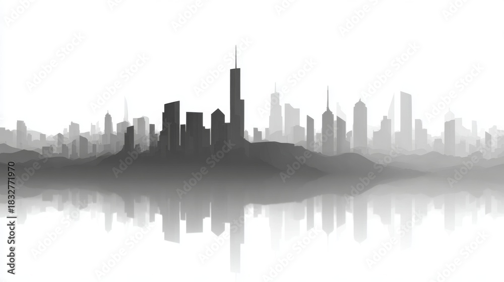 Obraz premium Stylized grayscale cityscape silhouette reflected on a flat surface in fog