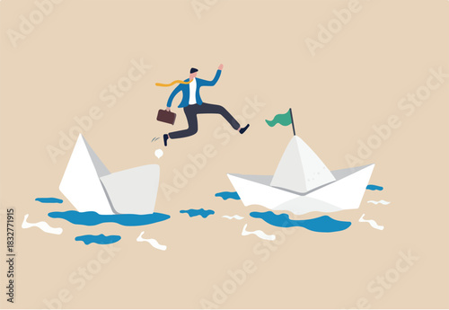 Escape from risk or danger, run away or flee from fail or bankruptcy company, change job or move to new better workplace concept, frustrated businessman jump to escape from sinking ship to better one